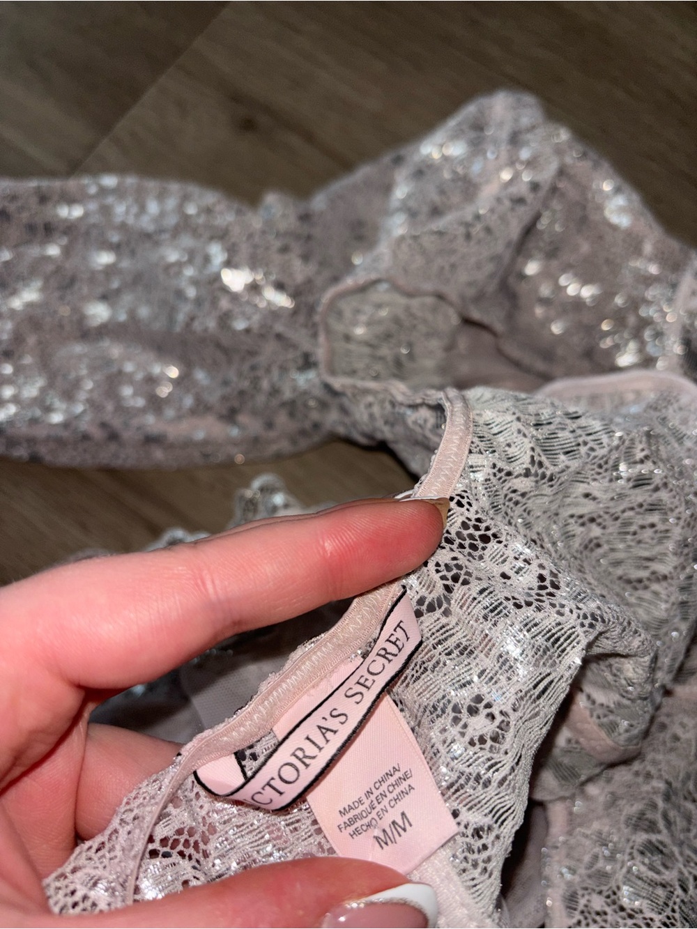 Victoria's Secret Shimmery Silver Lace Long-Sleeve Bodysuit - Picture 3 of 3